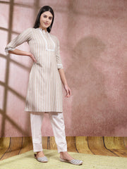Women's Woven Striped Cotton Blend Straight Kurta-BEIGEBOSS