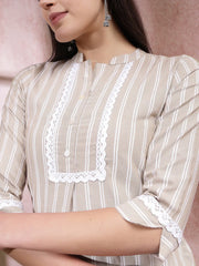 Women's Woven Striped Cotton Blend Straight Kurta-BEIGEBOSS