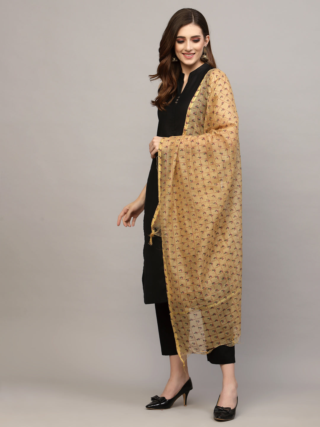 Women's Floral Printed Chanderi Dupatta-BEIGEDUP007 | DesiQlo