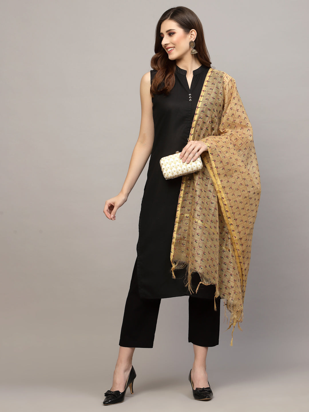 Women's Floral Printed Chanderi Dupatta-BEIGEDUP007 | DesiQlo