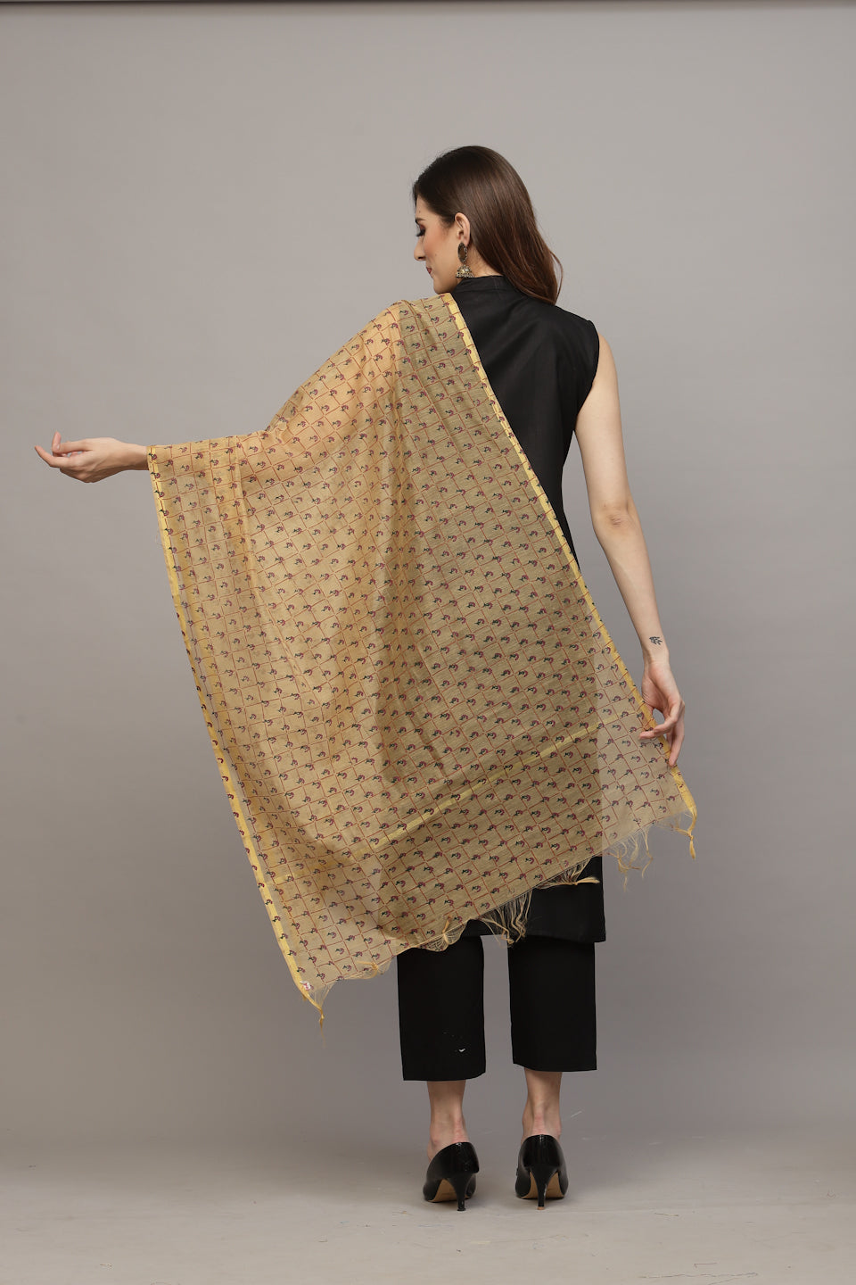 Women's Floral Printed Chanderi Dupatta-BEIGEDUP007 | DesiQlo