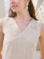 Stylum Women's Beige Solid & Embroidered Cotton Blend Straight Kurta (BEIGENIMO)