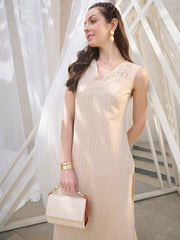 Stylum Women's Beige Solid & Embroidered Cotton Blend Straight Kurta (BEIGENIMO)