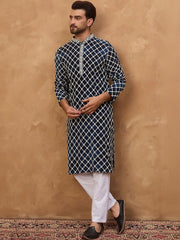 Ethnic Bay Men Blue Viscose Rayon Shibori Embroidered Straight Kurta With Pant Set-MKSET1414