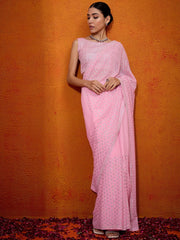 Women's Georgette Pink Embellished Designer Saree With Blouse Piece-BGOLI1001