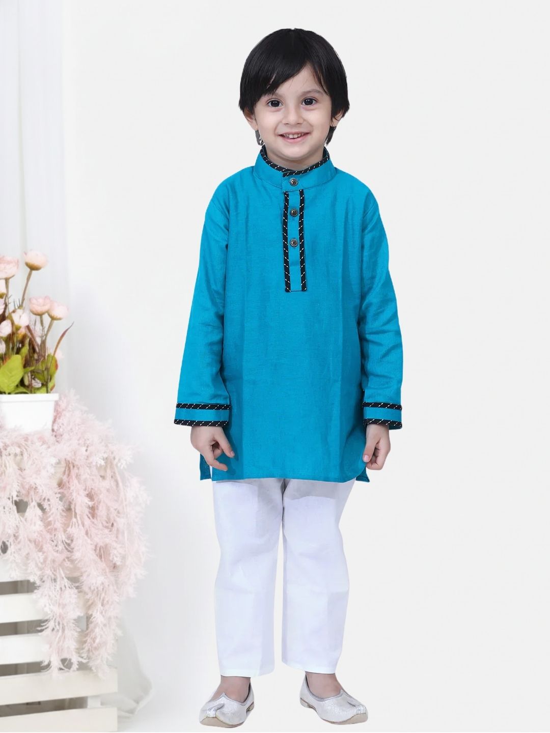 Cotton Flax Kurta Pajama Set for Kids - Teal | BH23KP41TLA