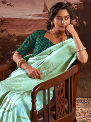 Women's  Blend Light Blue Woven Design Designer Saree With Blouse Piece-BHGYA1005