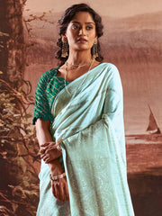 Women's  Blend Light Blue Woven Design Designer Saree With Blouse Piece-BHGYA1005
