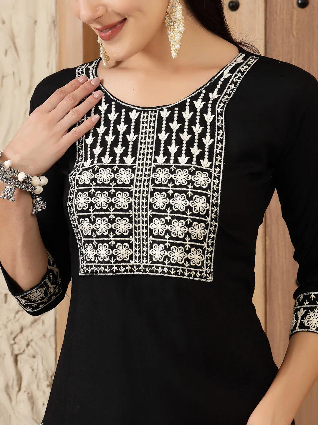 Elegant Black Embroidered Kurta - Rayon Indian Kurta for Ladies