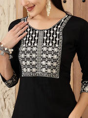 Women's Black Solid & Embroidered Rayon Straight Kurta-BLACKADAM