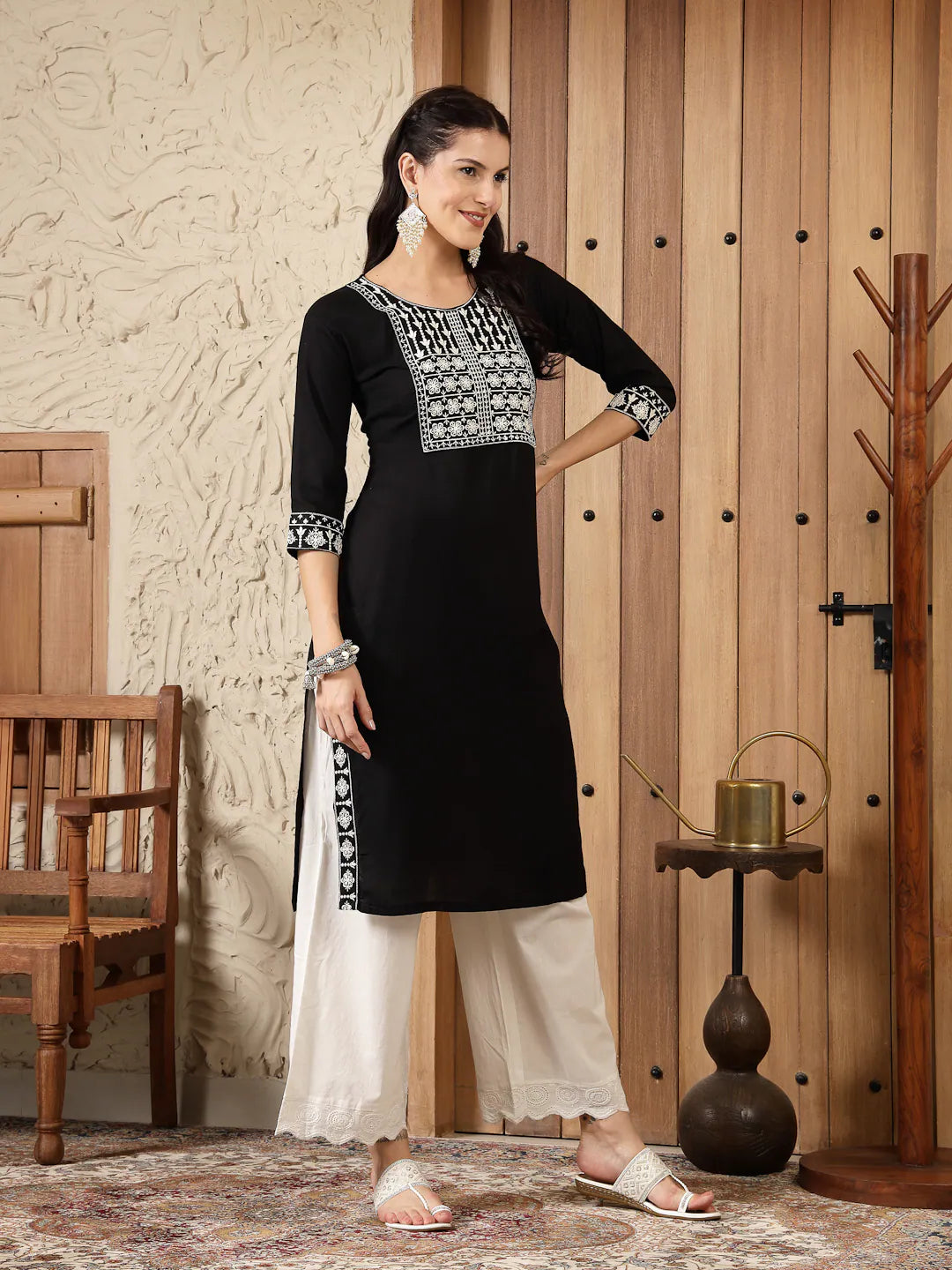 Elegant Black Embroidered Kurta - Rayon Indian Kurta for Ladies