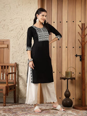 Women's Black Solid & Embroidered Rayon Straight Kurta-BLACKADAM