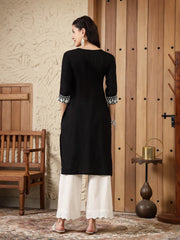 Women's Black Solid & Embroidered Rayon Straight Kurta-BLACKADAM
