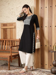 Women's Black Solid & Embroidered Rayon Straight Kurta-BLACKADAM