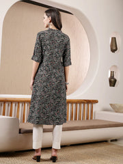Women's Black Paisley Printed Rayon A-Line Kurta-BLACKBARFI