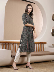 Women's Black Paisley Printed Rayon A-Line Kurta-BLACKBARFI