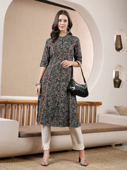 Women's Black Paisley Printed Rayon A-Line Kurta-BLACKBARFI
