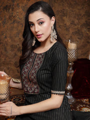 Women's Black Woven Design & Embroidered Lurex Cotton Straight Kurta-BLACKCHAO