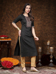 Women's Black Woven Design & Embroidered Lurex Cotton Straight Kurta-BLACKCHAO