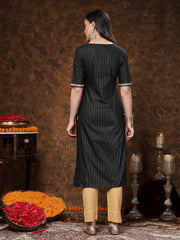 Women's Black Woven Design & Embroidered Lurex Cotton Straight Kurta-BLACKCHAO