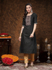 Women's Black Woven Design & Embroidered Lurex Cotton Straight Kurta-BLACKCHAO