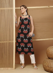 Stylum Women's Rust Block Printed Cotton Straight Kurta (BLACKLETTUCE)