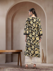 Stylum Women's Black Floral Printed Cotton Straight Kurta (BLACKPOPCORN)