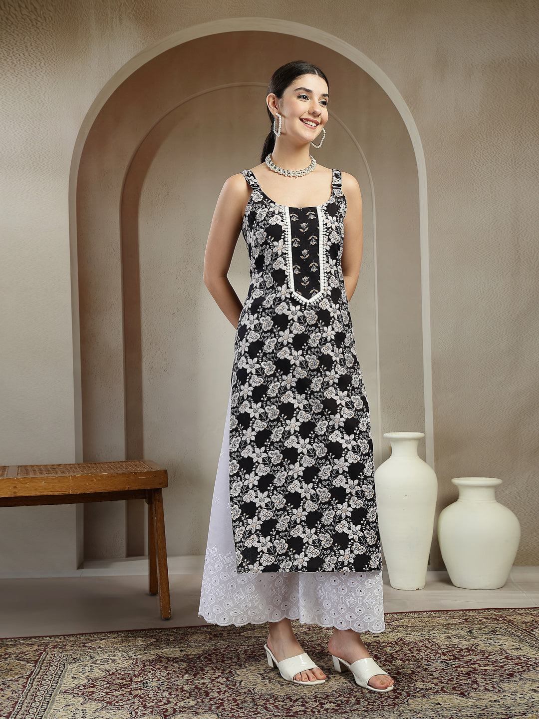 Women's Black Floral Printed Cotton Straight Kurta (BLACKSTRAP) | Desi