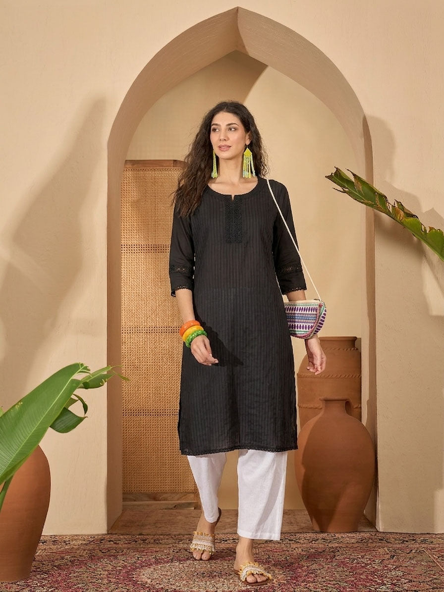 Women's Black Solid Rayon Straight Kurta (BLACKUDUPI) | DesiQlo