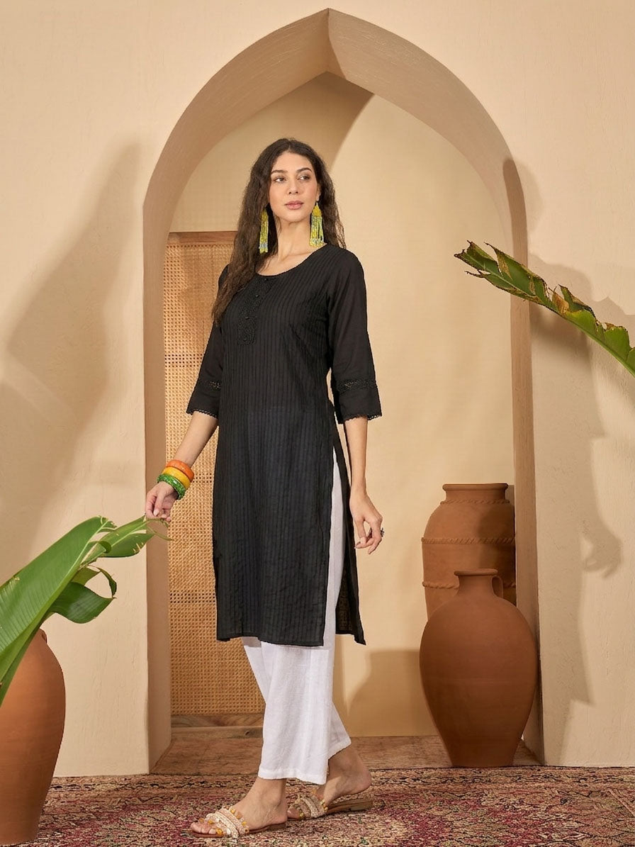 Women's Black Solid Rayon Straight Kurta (BLACKUDUPI) | DesiQlo