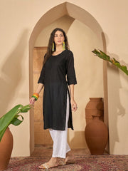 Stylum Women's Black Solid Rayon Straight Kurta (BLACKUDUPI)