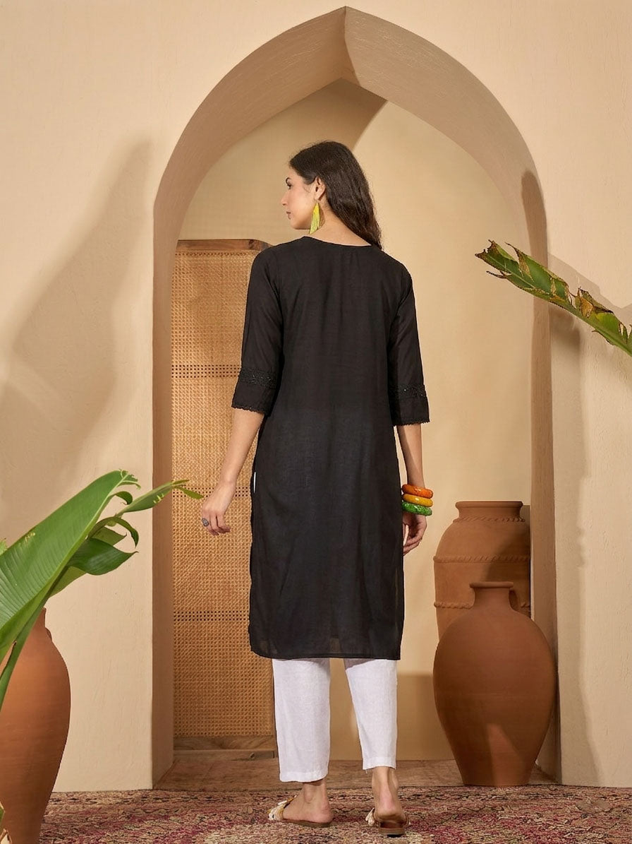 Women's Black Solid Rayon Straight Kurta (BLACKUDUPI) | DesiQlo