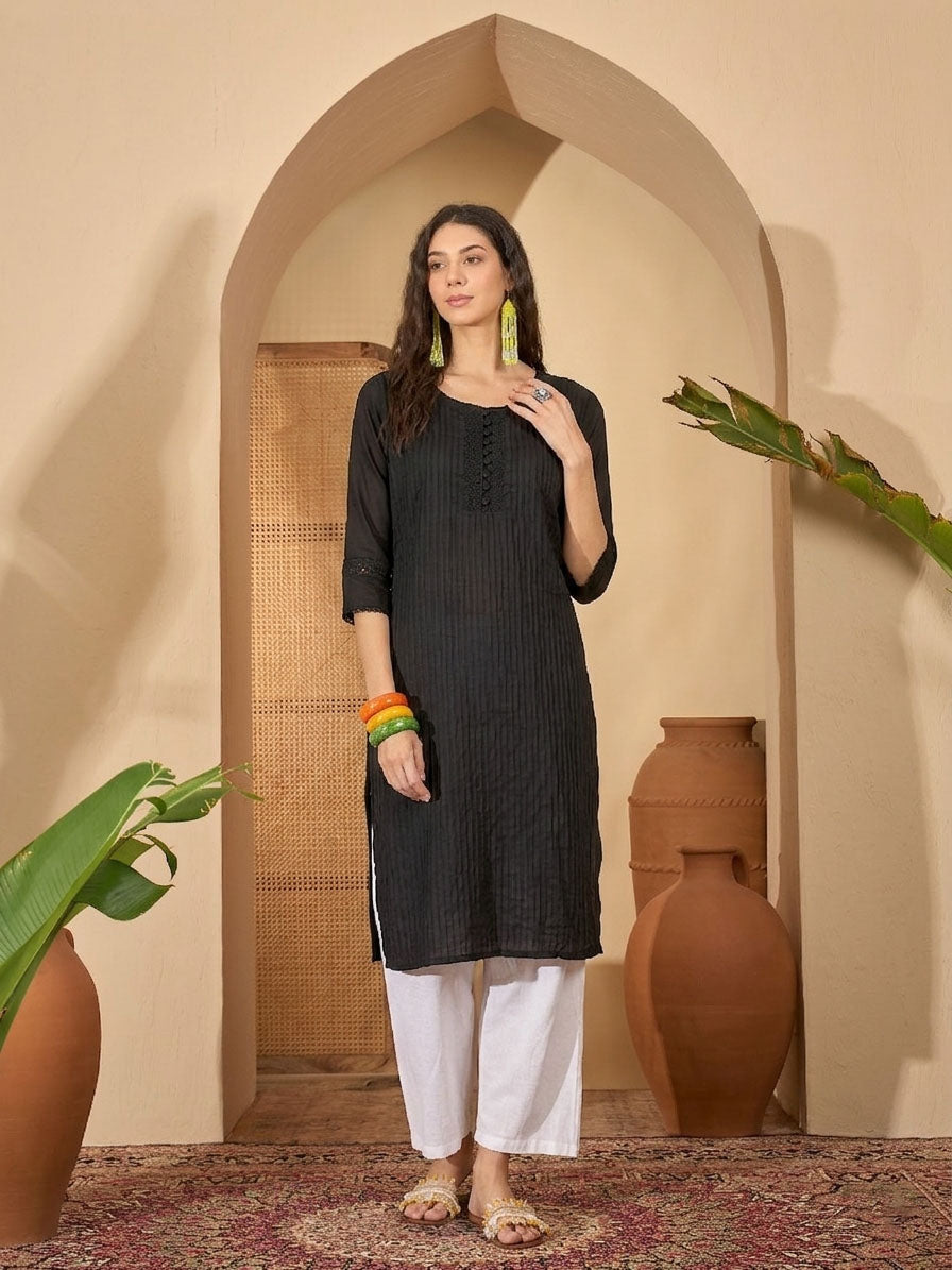 Women's Black Solid Rayon Straight Kurta (BLACKUDUPI) | DesiQlo