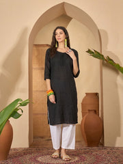 Stylum Women's Black Solid Rayon Straight Kurta (BLACKUDUPI)