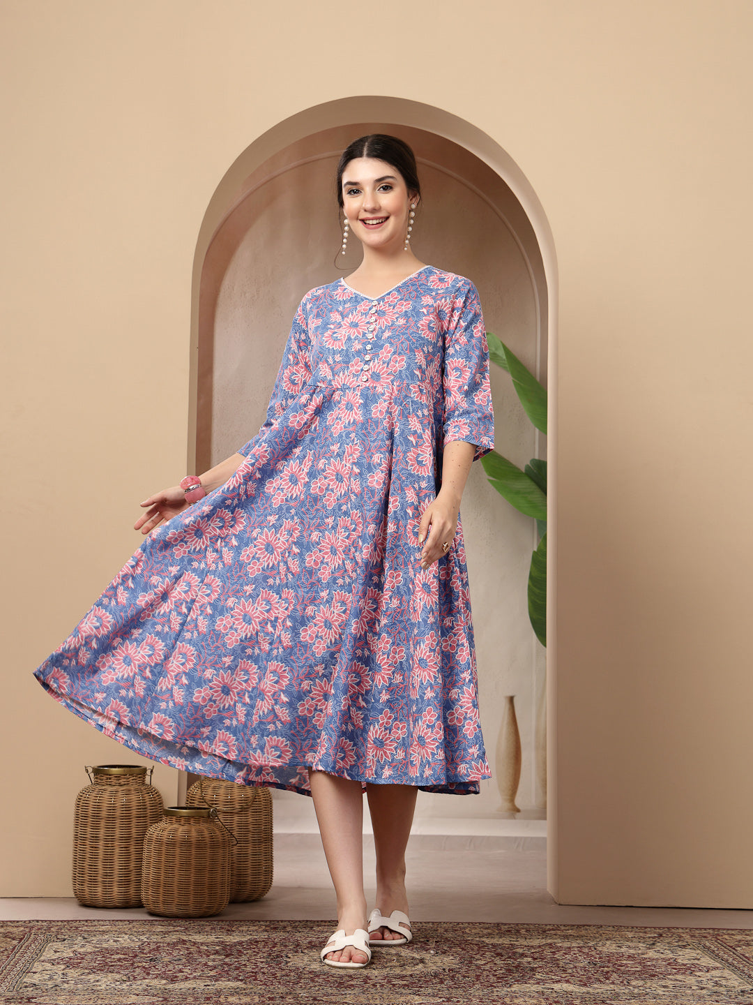 Women's Blue Floral Printed Cotton Flared Dress (DRSBLUEBOURBON) | Des