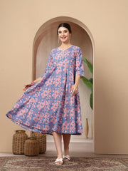 Stylum Women's Blue Floral Printed Cotton Flared Dress (DRSBLUEBOURBON)