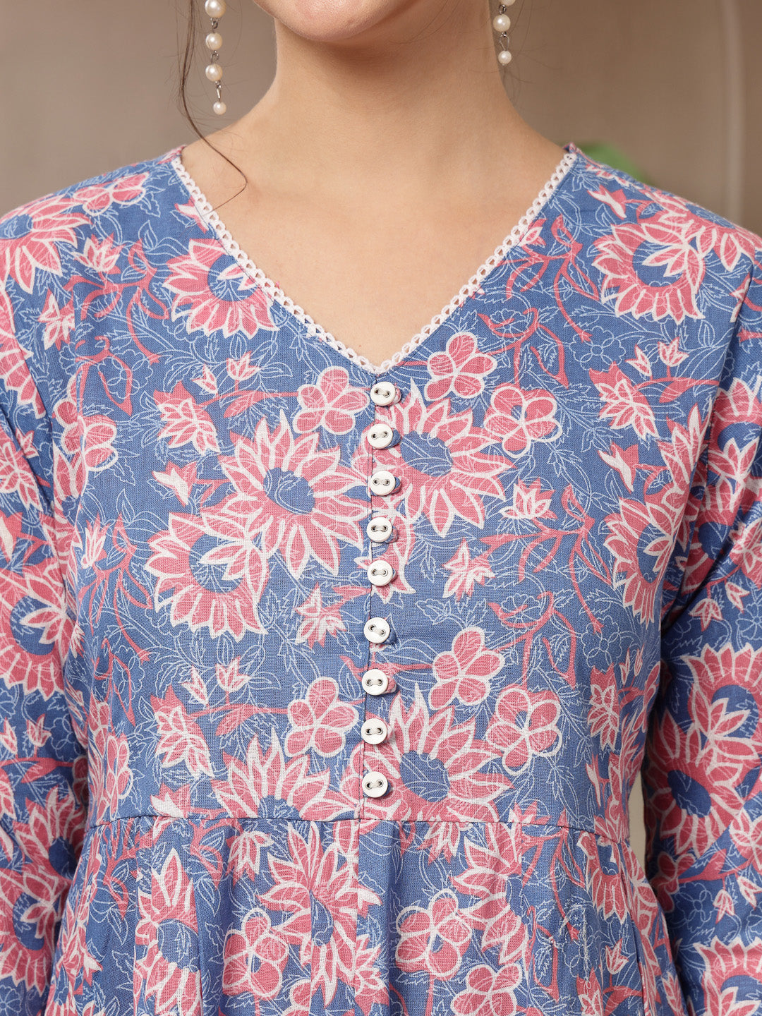 Women's Blue Floral Printed Cotton Flared Dress (DRSBLUEBOURBON) | Des