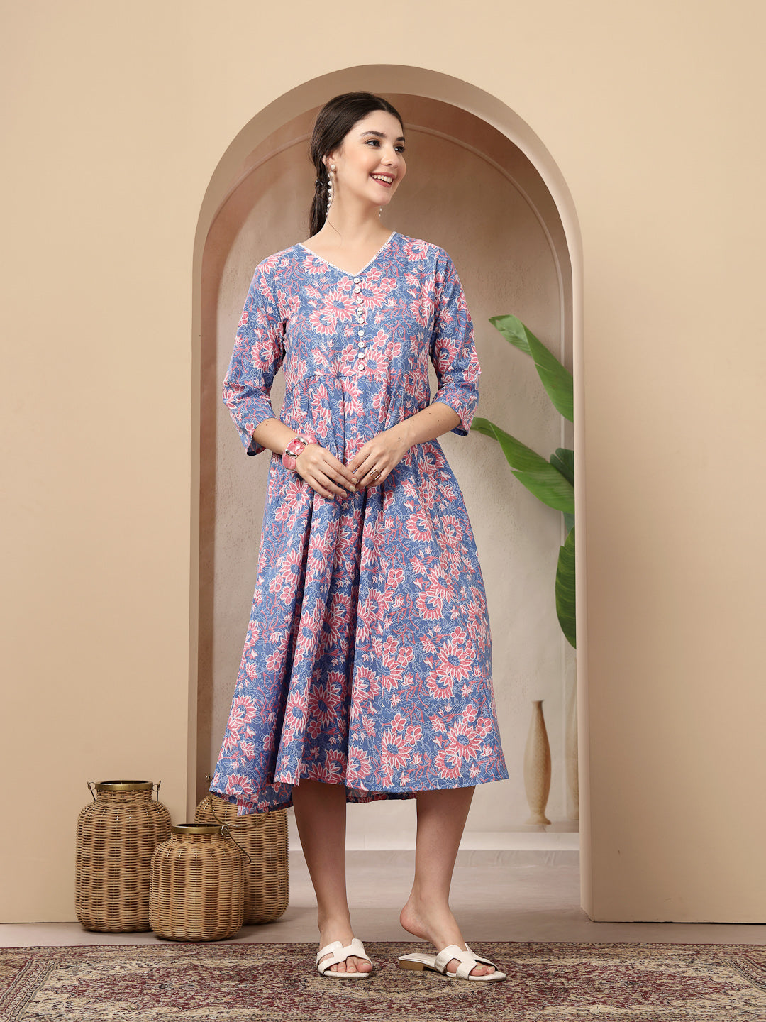 Women's Blue Floral Printed Cotton Flared Dress (DRSBLUEBOURBON) | Des