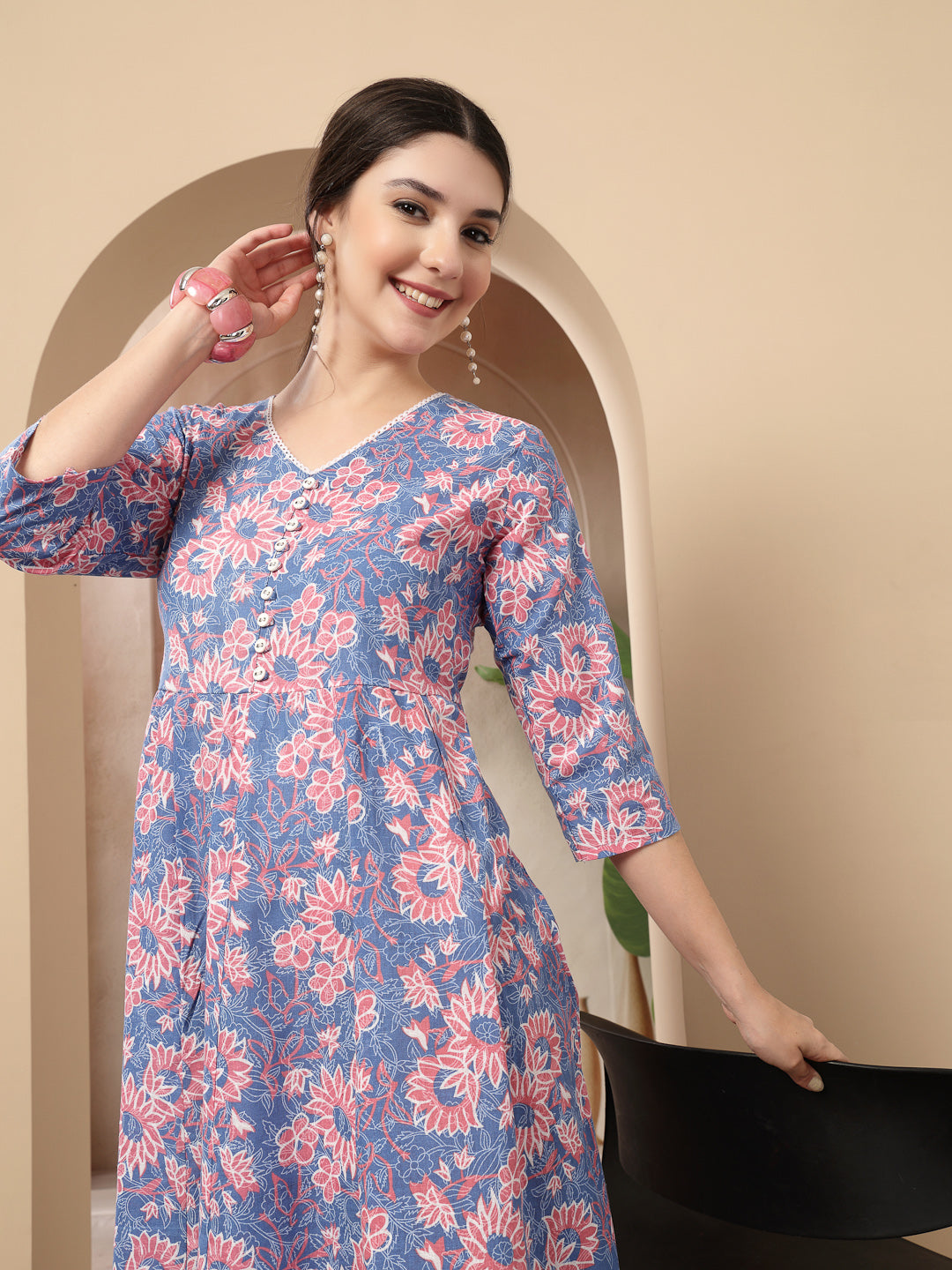 Women's Blue Floral Printed Cotton Flared Dress (DRSBLUEBOURBON) | Des