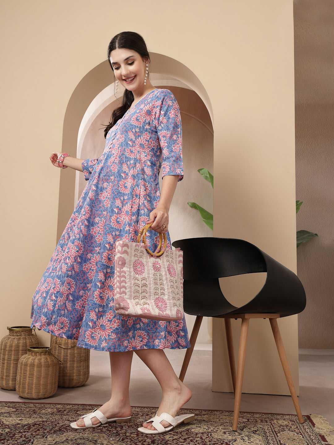 Women's Blue Floral Printed Cotton Flared Dress (DRSBLUEBOURBON) | Des