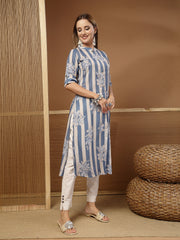 Stylum Women's Blue Floral & Striped Printed Poly Rayon A-Line Kurta (BLUEDAVID)