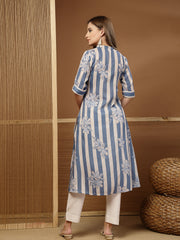 Stylum Women's Blue Floral & Striped Printed Poly Rayon A-Line Kurta (BLUEDAVID)