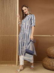 Stylum Women's Blue Floral & Striped Printed Poly Rayon A-Line Kurta (BLUEDAVID)