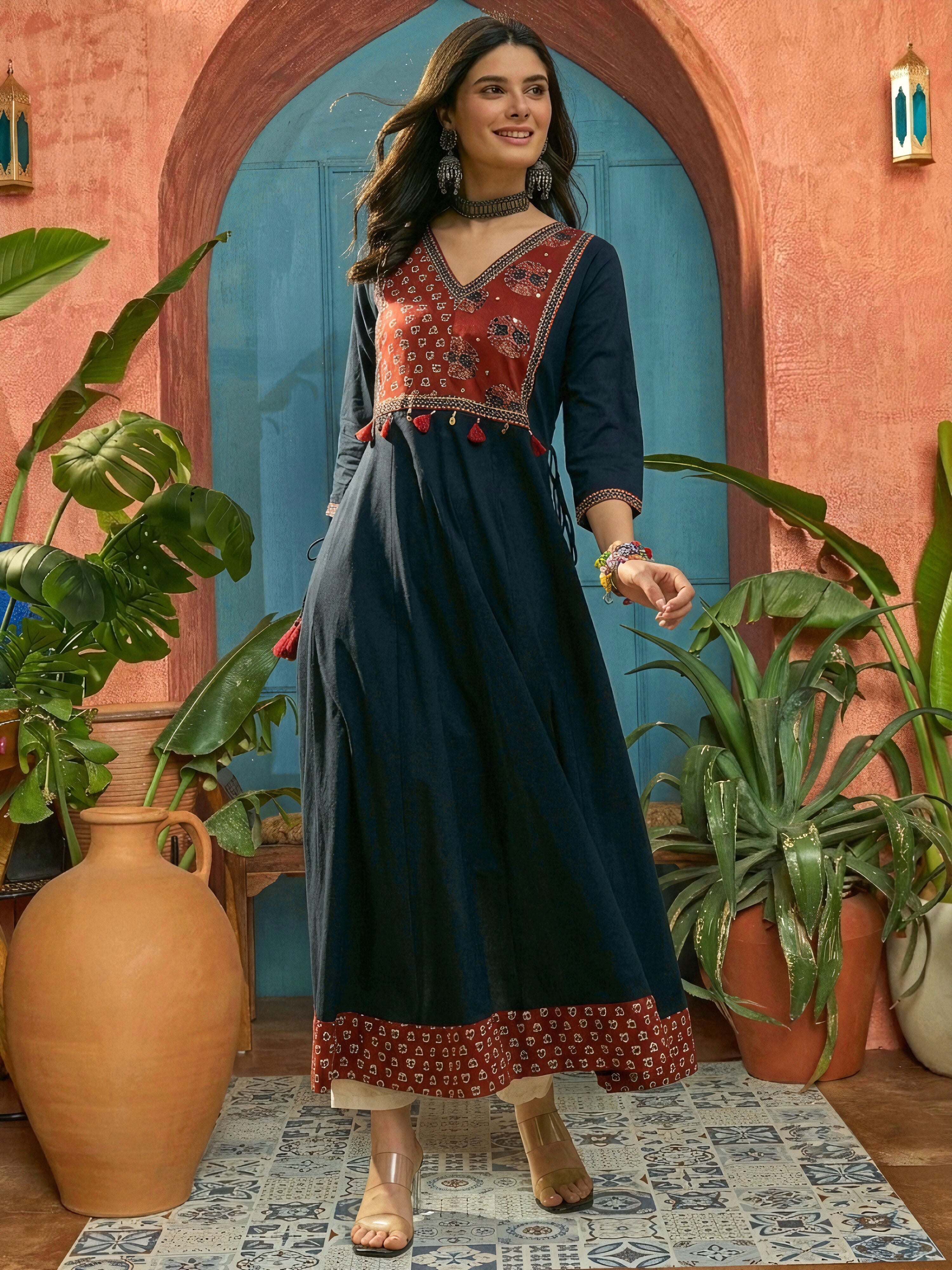 Women's Blue Solid Cotton Flared Kurta (BLUEMANDALA) | DesiQlo