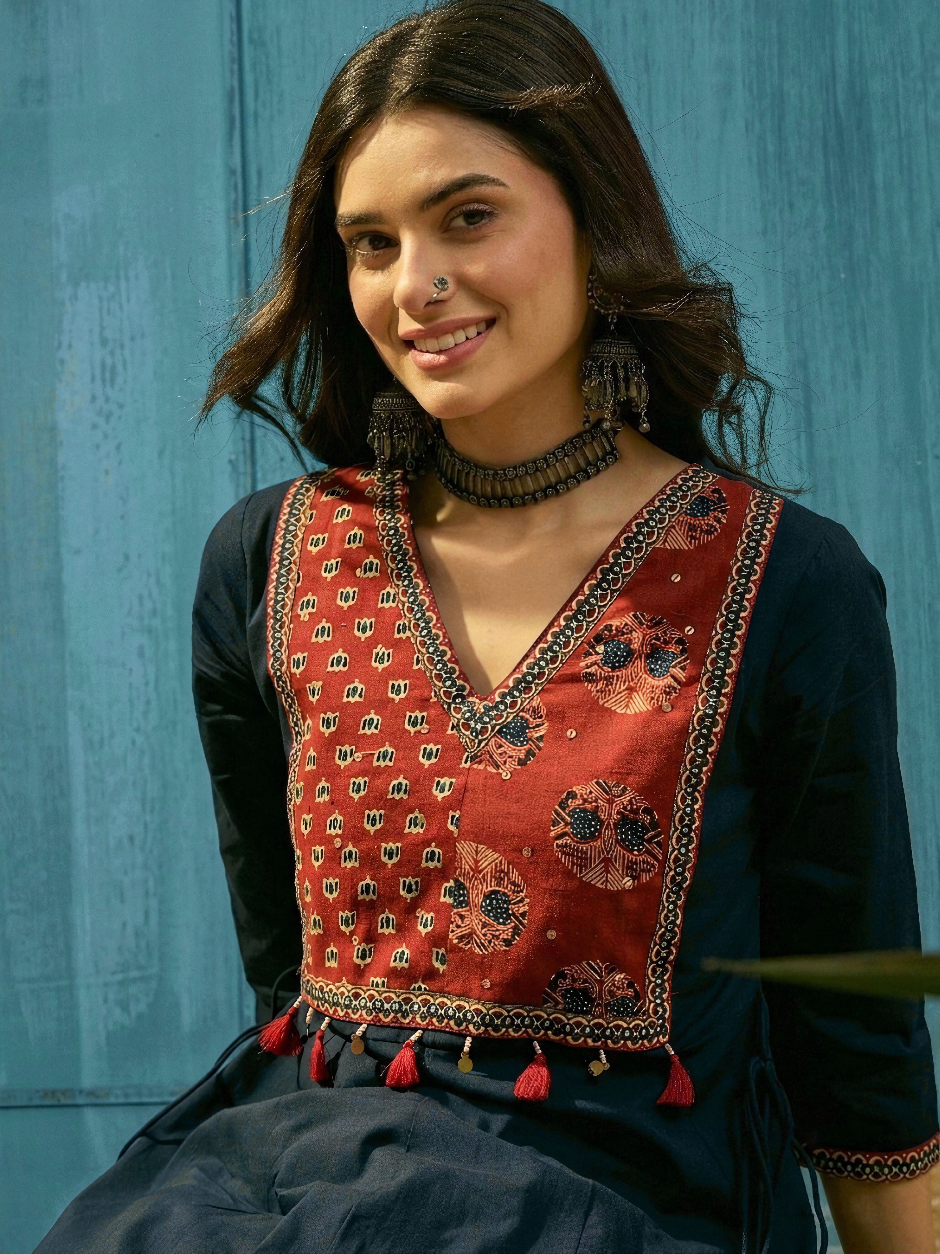 Women's Blue Solid Cotton Flared Kurta (BLUEMANDALA) | DesiQlo