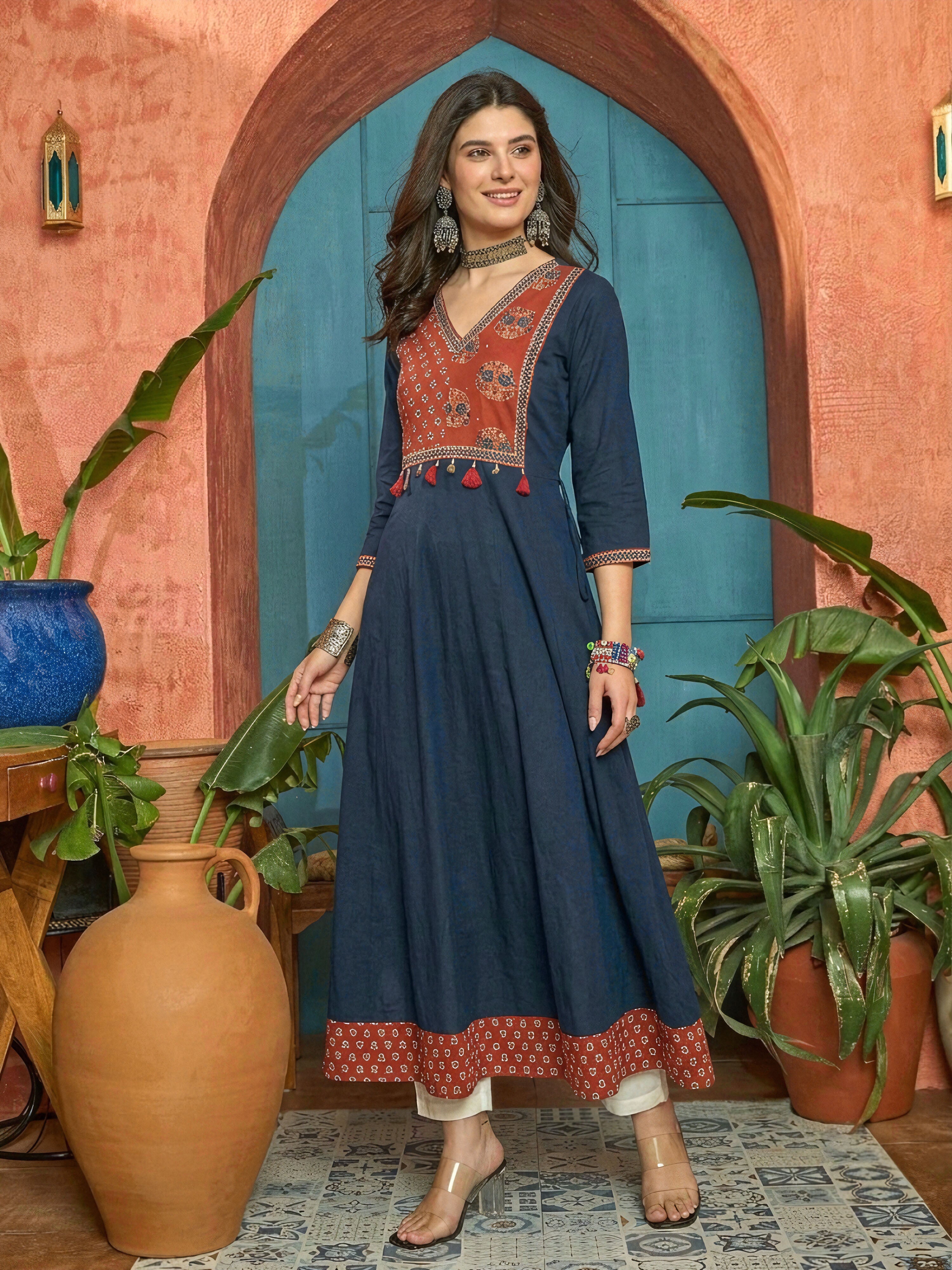 Women's Blue Solid Cotton Flared Kurta (BLUEMANDALA) | DesiQlo