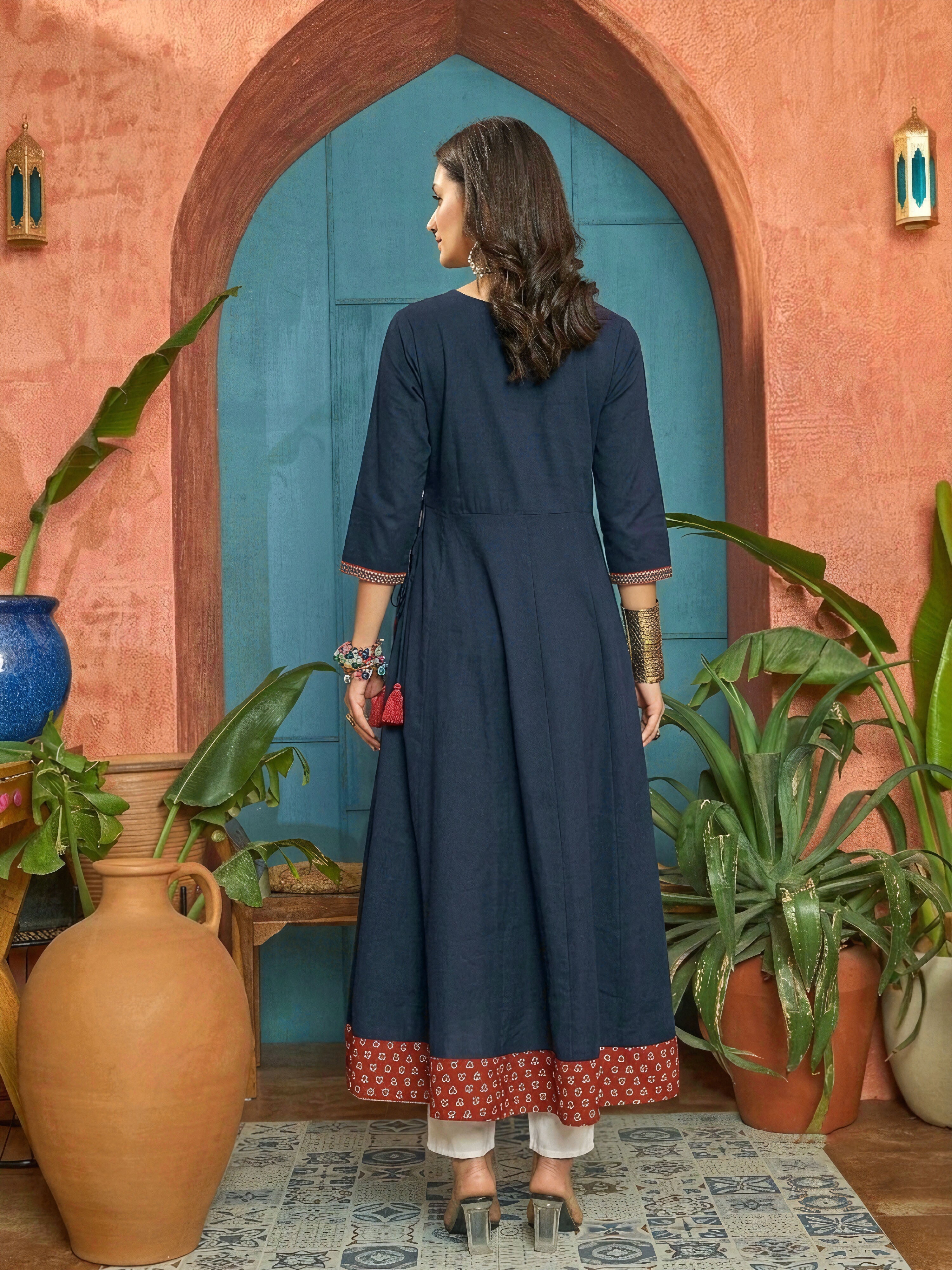 Women's Blue Solid Cotton Flared Kurta (BLUEMANDALA) | DesiQlo