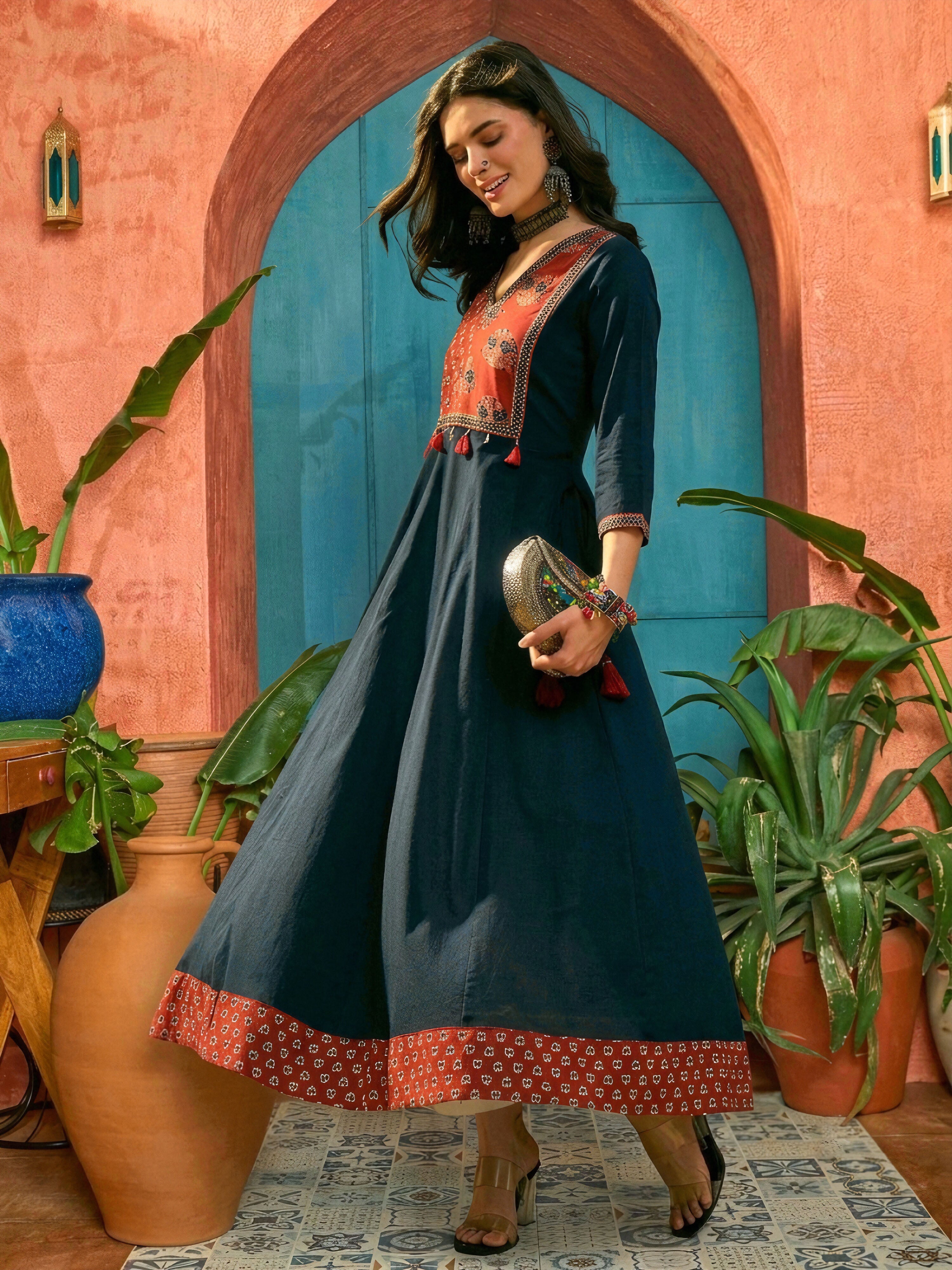 Women's Blue Solid Cotton Flared Kurta (BLUEMANDALA) | DesiQlo