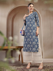 Stylum Women's Blue Floral Printed Cotton Straight Kurta (BLUEMANDU)