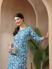 Stylum Women's Blue Floral Printed Cotton Straight Kurta (BLUEMIHI)
